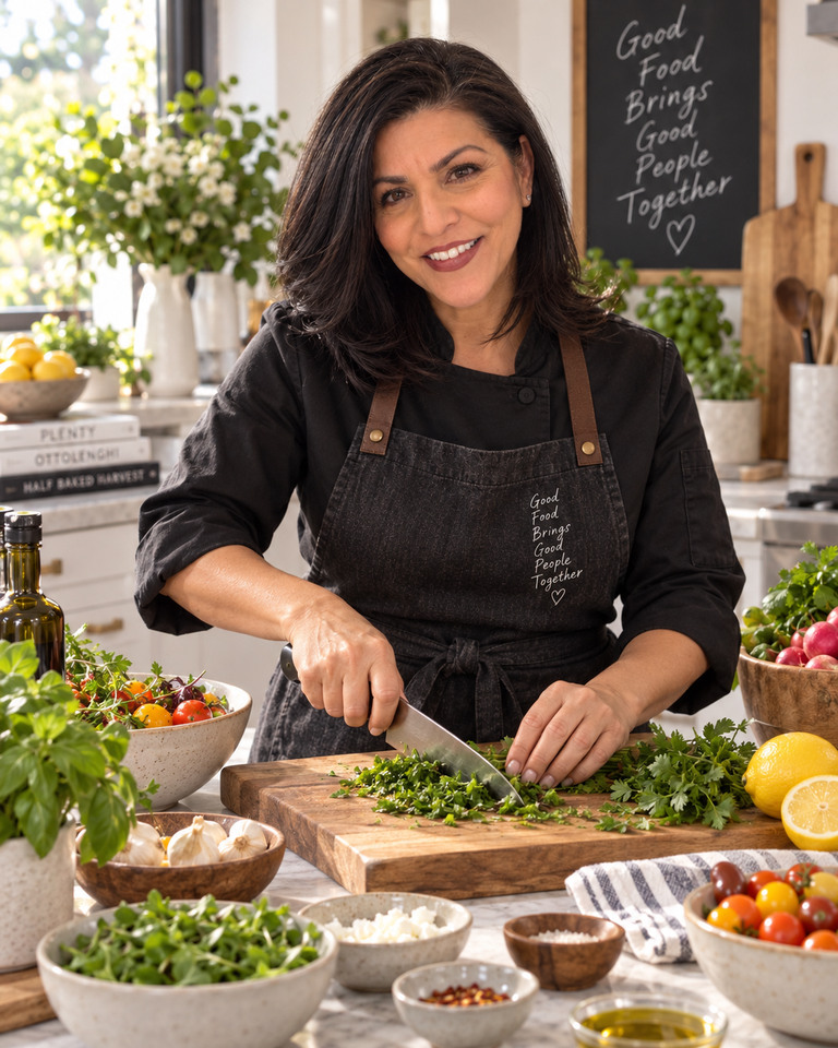 Chef Denise Portillo preparing fresh herbs in the kitchen