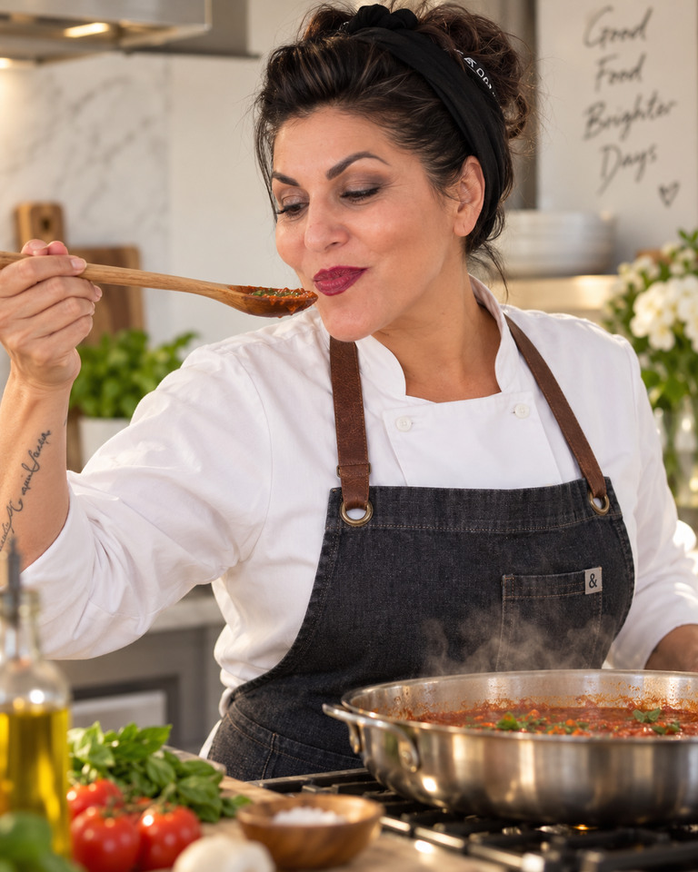 Chef Denise Portillo tasting a dish while cooking